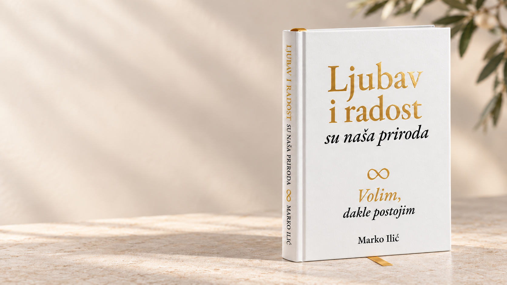 Realističan prikaz bele knjige sa zlatotiskom na prednjoj korici i zlatnom trakom za obeležavanje stranica